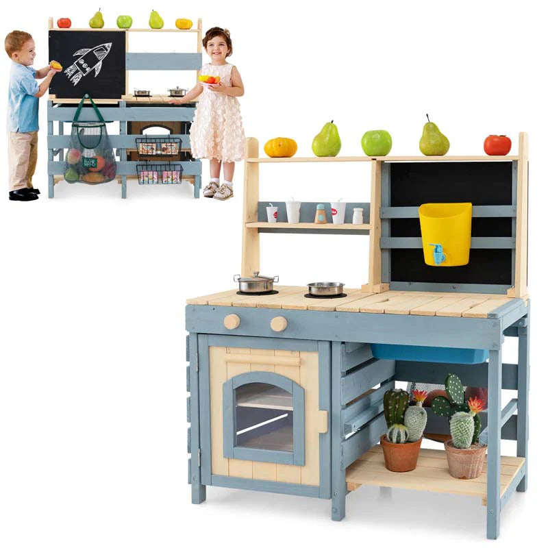 2-In-1 Kids Outdoor Mud Kitchen, Fir Wood Double Sided Kitchen Playset & Grocery Store with Faucet, Removable Sink, Blackboard, Storage Bag & Basket