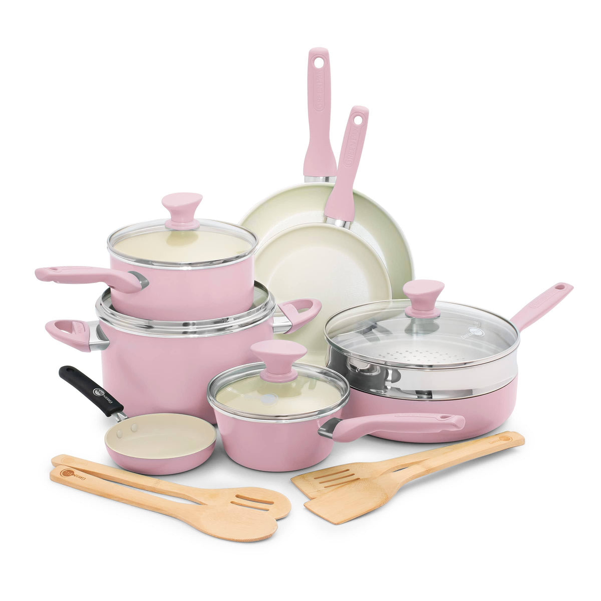 GreenPan Rio Healthy 16-Piece Ceramic Nonstick Cookware Set, PFAS Free, Dishwasher Safe, Pink