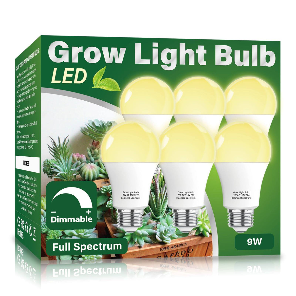 Wiyifada 6 Pack Grow Light Bulb Indoor Grow Light,A19 Full Spectrum Plan Light Bulb,E26 110V 9W Grow Bulb Replace Up to 100w, Plant Light Bulb for